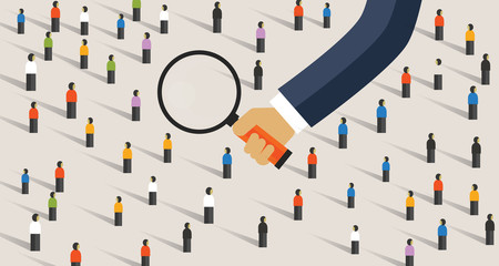 marketing numérique Hand magnify on crowd of people. Concept of recruitment candidate selection or market research looking into customer behavior survey getting data