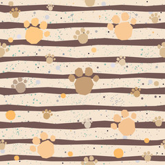 Cute Pattern with Golden dog paws with pastel blue stripes on beige background with tiny dots. Hand Drawn Design.