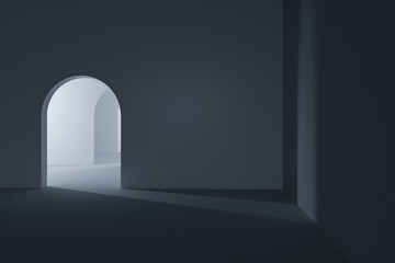Dark room with a glowing and bright door, 3d rendering.