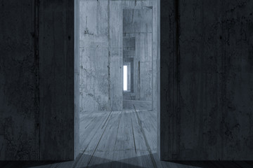 Dark room with a glowing and bright door, 3d rendering.