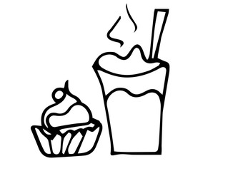 Hot coffee with a straw in a mug and cake, coffee icon in hand drawn, doodle, sketch style isolated in white background for invitations, greeting cards, patterns, scribbles.