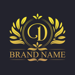Golden ornamental alphabet D letter logo design. Luxurious golden elegant letter D logo design template.