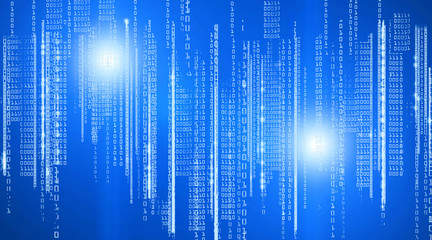 Binary code drawing on glowing blue surface. Cyber technology background.