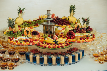 Catering. Wedding decorations. Fruity compositions on a buffet table. Birthday party. Celebration.