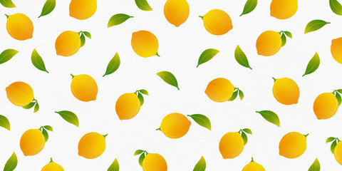 Fresh lemon fruit with leaves, pattern illustration isolated on white background.