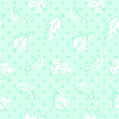 The outline of white falling autumn leaves on a light blue background with polka dots. Seamless vector ornament