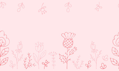 Seamless horizontal ornament: contours of wildflowers and herbs on a light peach background. Background with copy space