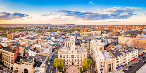 Aerial cityscape of Paterson, NJ and its City Hall. Paterson is the county seat of Passaic County...