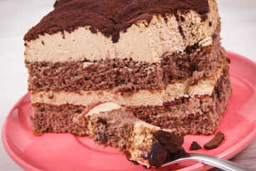 Creamy tiramisu cake with different layers. Delicious dessert for celebrations