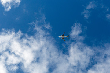 Passenger jet flying high above.