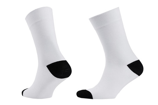 Blank white cotton long sock with black heel on invisible foot isolated on white background as mock up for advertising, branding, design, front side, side view, template.