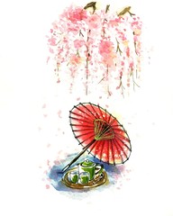 watercolor of sakura branches, umbrella and tea set for making greeting cards 