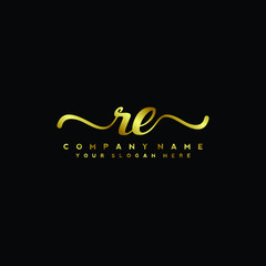 Fototapeta na wymiar RE Letter Handwriting Vector. gold Handwriting Logo