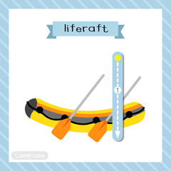 Letter L lowercase cute children colorful transportations ABC alphabet tracing flashcard of Liferaft for kids learning English vocabulary and handwriting Vector Illustration.