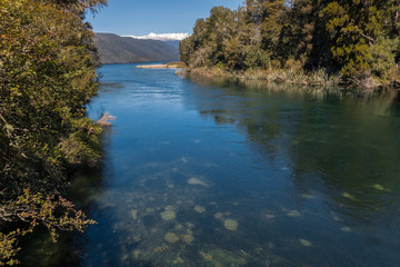 Gowan River with lake Rotoroa in Nelson Lakes National Park, New Zealand