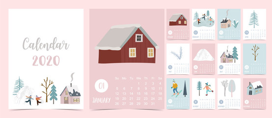 Doodle winter calendar 2020 set with house,tree,mountain for children.Can be used for printable graphic.Editable element