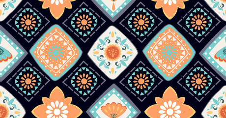 orange green blue geometric seamless pattern in African style with square,tribal,circle shape