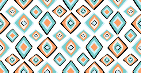 orange green blue geometric seamless pattern in African style with square,tribal,circle shape