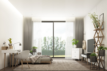 Scandinavian style white room interior with tv cabinet on the wall and working table, wooden bed with pillows and blanket, cabinet and armchair. 3d rendering