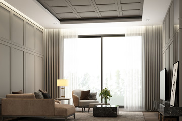 Interiors image scene design of Modern luxury living area with classical element detail wall decoration and furniture set. 3d rendering