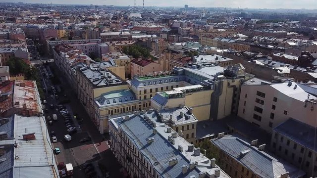 Aerial view of St. Petersburg Russia. Flying over the city center, Pravda street, Hermitage hotel on a summer day.