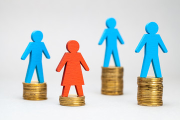 Discrimination of women at work. The salary of women is lower than that of men. Stack of coin and...