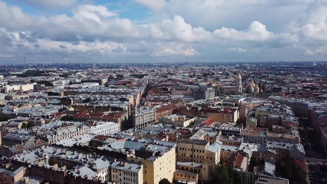 Aerial view of St. Petersburg Russia. Flying over the city center, Pravda street, Hermitage hotel on a summer day.