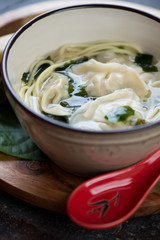 Close-up of panasian noodle soup with wontons served in a bowl, selective focus, vertical shot