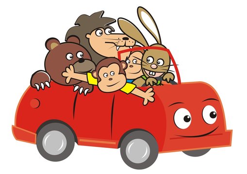 red car with animals driving clip art preview