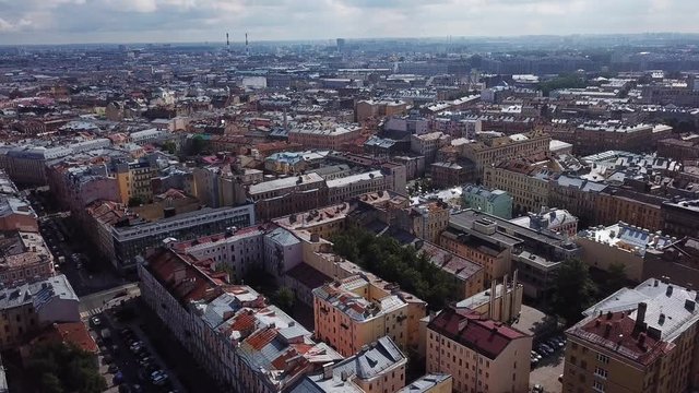 Aerial view of St. Petersburg Russia. Flying over the city center, Pravda street, Hermitage hotel on a summer day.