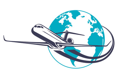 Vector logo airplane fly around the planet Earth