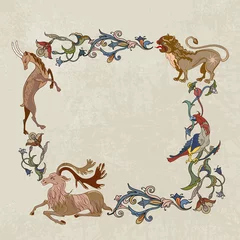 Medieval frame. Middle Ages art. Mythical creatures of the Renaissance era. Elegant baroque. Gothic style © Matrioshka