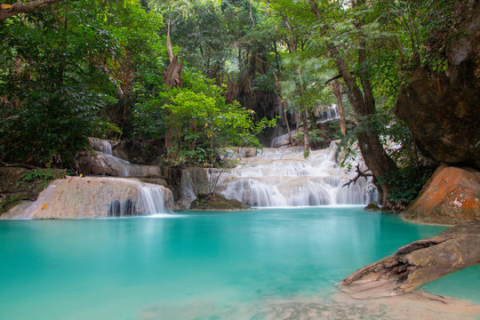 Beautiful waterfall - Erawan waterfall at Erawan National Park in Kanchanaburi, Thailand. © nuruddean