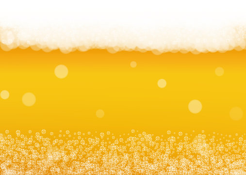 Splash beer. Background for craft lager. Oktoberfest foam. restaurant menu design. German pint of ale with realistic white bubbles. Cool liquid drink for Yellow mug with splash beer.