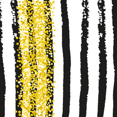 Gold glitter dots confetti on black stripes. Sequins with metallic shimmer and sparkles. Design with gold glitter dots for party invitation, banner, greeting card, bridal shower.
