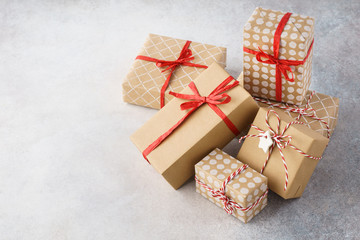 A heap of Christmas or Valentine Day handcrafted gift boxes.