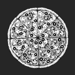 Vintage drawing, pizza, table, organic food ingredients. Hand drawn pizza illustration. Great for menu, poster or label.