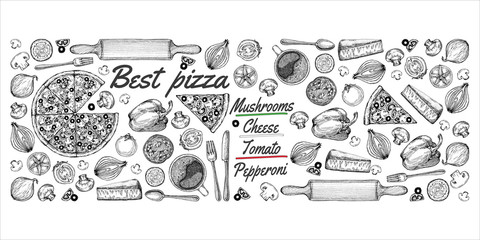 Vintage drawing, pizza, table, organic food ingredients. Hand drawn pizza illustration. Great for menu, poster or label.
