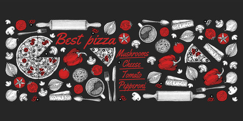 Vintage drawing, pizza, table, organic food ingredients. Hand drawn pizza illustration. Great for menu, poster or label. - obrazy, fototapety, plakaty