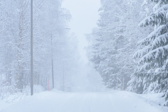 The Road Number 496  Has Covered With Heavy Snow And Bad Weather In Winter Season At Tuupovaara, Finland.