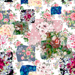 Watercolor hand painted seamless patchwork pattern with beautiful flowers