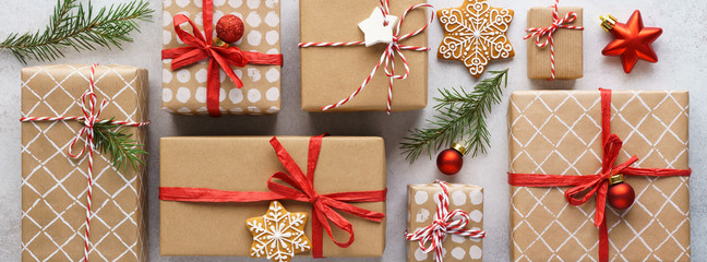 Collection of Christmas gift boxes, toys and decoration. Banner. - obrazy, fototapety, plakaty