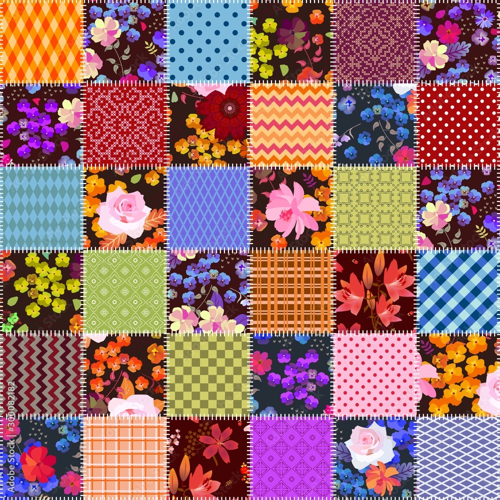 Canvas Prints patchwork seamless pattern with stitched square patches with floral and geometric ornaments. bright 