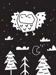 Fototapeta premium Owl flying over the forest. Monochrome scandinavian vector illustration in simple style