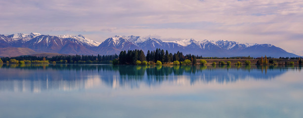 Panorama of Lake Ruataniwha near Twizel, New Zealand