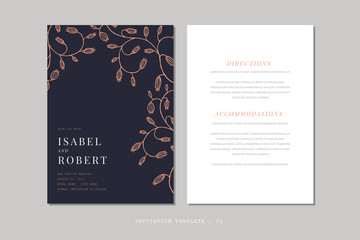Vertical wedding invitations with a template of romantic flowers. rsvp modern map, decorated with flowers of hand drawing on a white and dark background. Vector elegant village illustration.