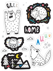 Vector set with funny stickers with forest animas. Vector illustration