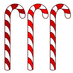 Obraz premium three christmas striped candies in the form of a cane, color clip art on a white isolated background