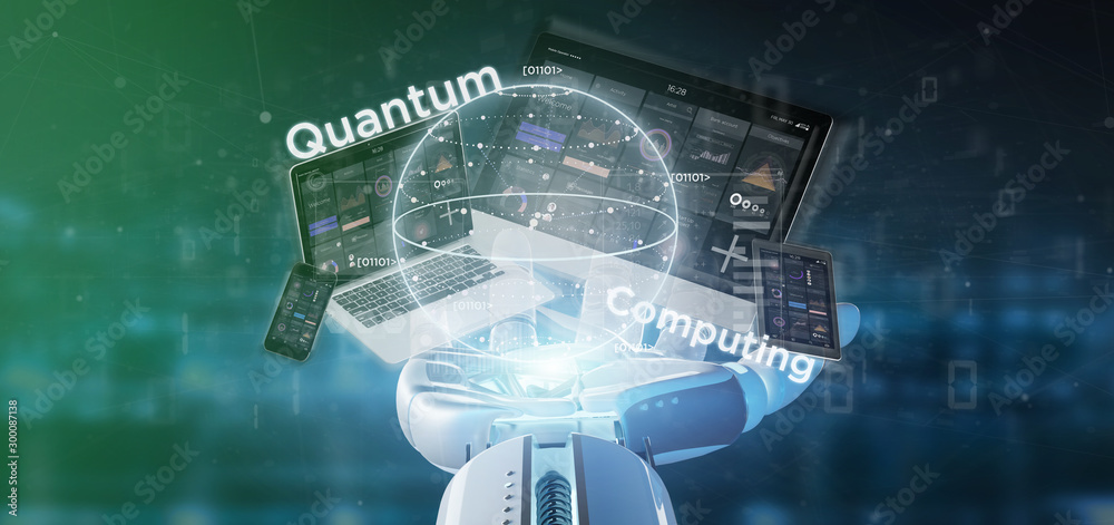 Poster cyborg hand holding quantum computing concept with qubit and devices 3d rendering