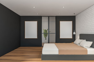 White and gray bedroom with posters